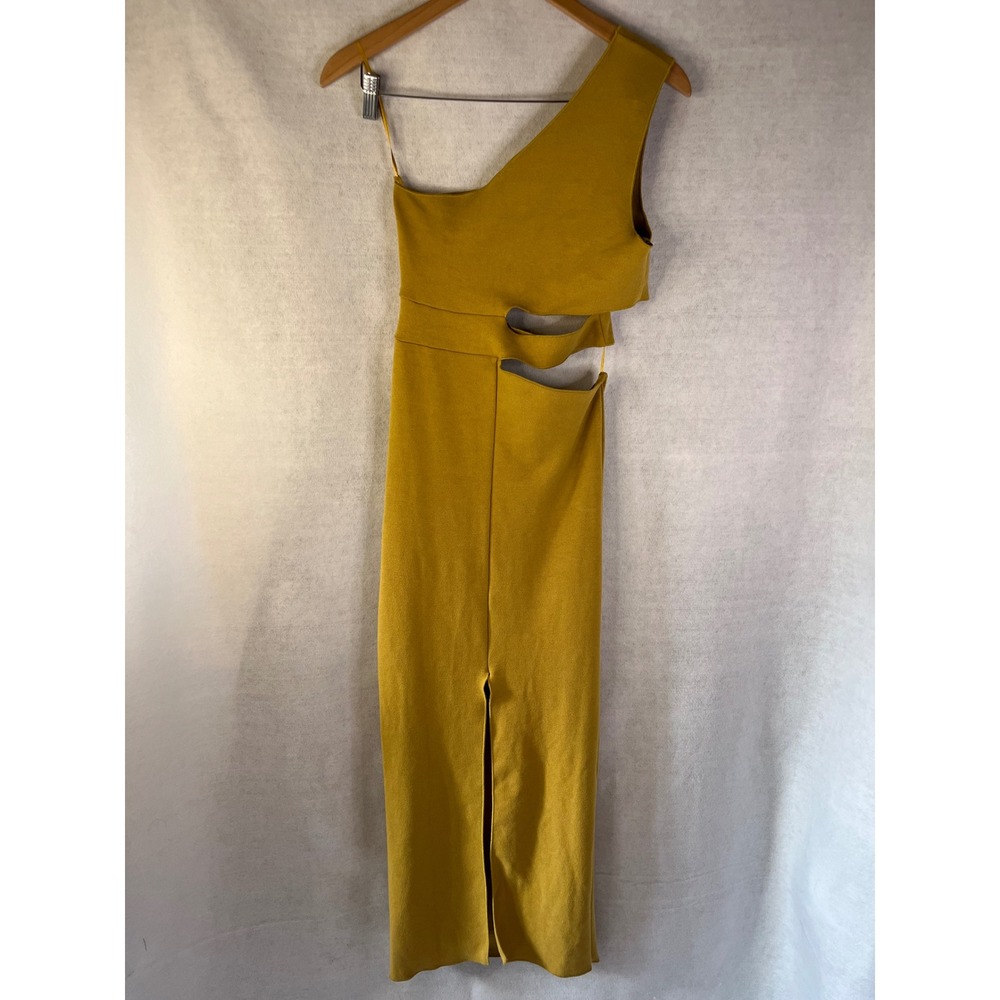 Zara Dress Cut Out Stretch Knit Sz M Mustard Yellow One Shoulder Midi - Picture 4 of 5